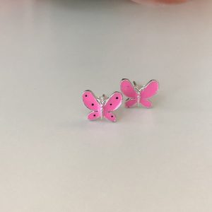 Cercei de argint 925, cu email roz-pink in forma de fluturas