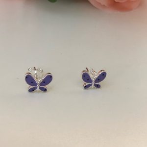 Cercei de argint 925, cu email mov in forma de fluturas
